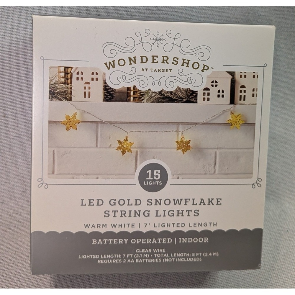 Wondershop LED Gold Snowflake String Lights 15ct 7ft Warm White  Battery Timer